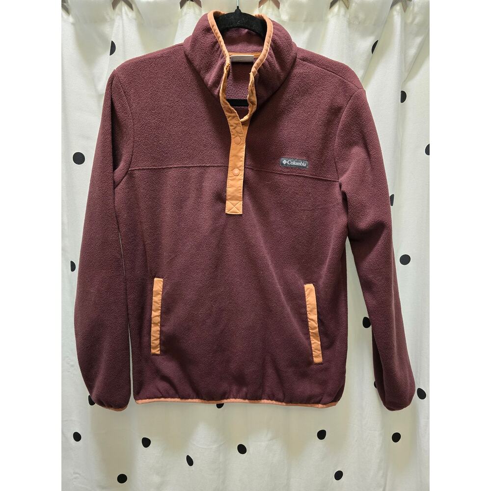 Columbia burgundy fleece 1/4 snap pullover jacket orange trim pockets large